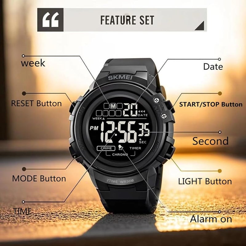 IJAHWRS Mens Digital Watch Sports Outdoor Chronograph Wrist Watches for Men with LED Back Ligh/Alarm/Date Black - Image 2