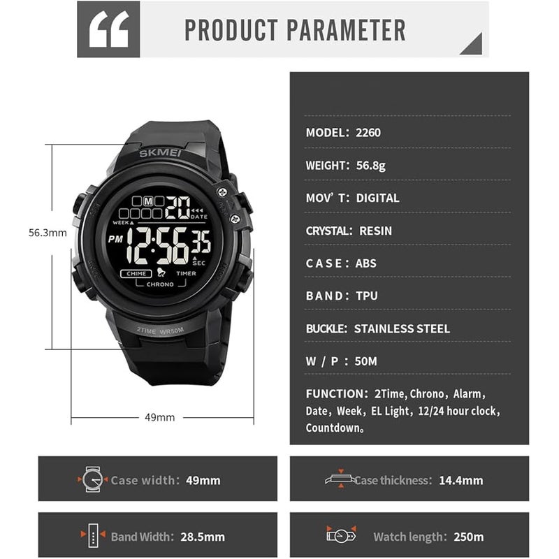 IJAHWRS Mens Digital Watch Sports Outdoor Chronograph Wrist Watches for Men with LED Back Ligh/Alarm/Date Black - Image 4