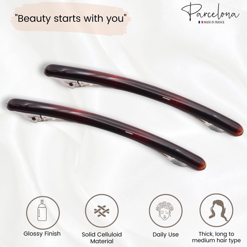Parcelona French Skinny Rounded Large 4â€ Tortoise Shell Celluloid Automatic Set of 2 Hair Barrette Clips No Slip Grip Styling Women Accessories Girls Hair Clips, Made in France - Image 2
