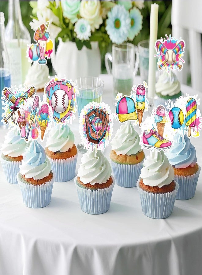 RUBOAOA Ice Cream Drip Baseball Party Decorations, 36 Pcs Baseball Ice Cream Cupcake Toppers Birthday Cake Decorations for Kids, Cute Sports and Summer Party Cupcake Picks for Boys Girls - Image 5