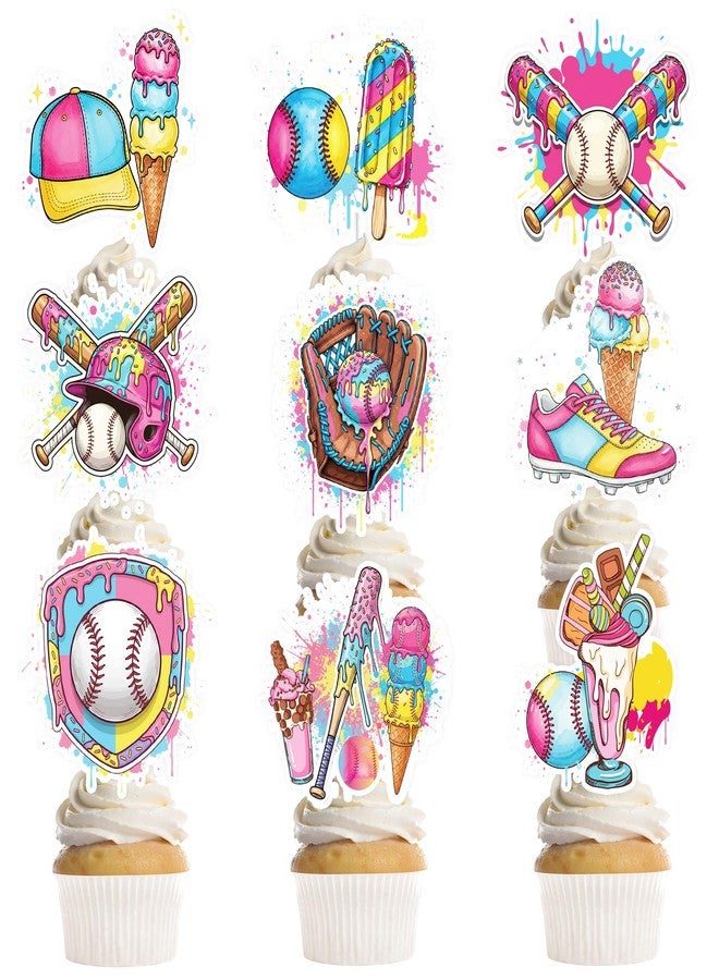 RUBOAOA Ice Cream Drip Baseball Party Decorations, 36 Pcs Baseball Ice Cream Cupcake Toppers Birthday Cake Decorations for Kids, Cute Sports and Summer Party Cupcake Picks for Boys Girls - Image 1