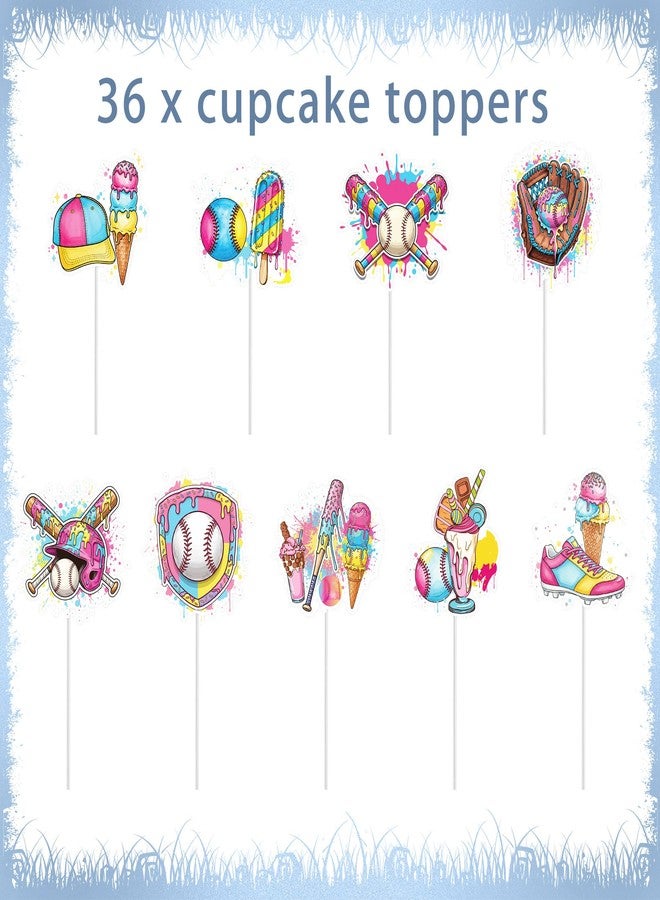RUBOAOA Ice Cream Drip Baseball Party Decorations, 36 Pcs Baseball Ice Cream Cupcake Toppers Birthday Cake Decorations for Kids, Cute Sports and Summer Party Cupcake Picks for Boys Girls - Image 3