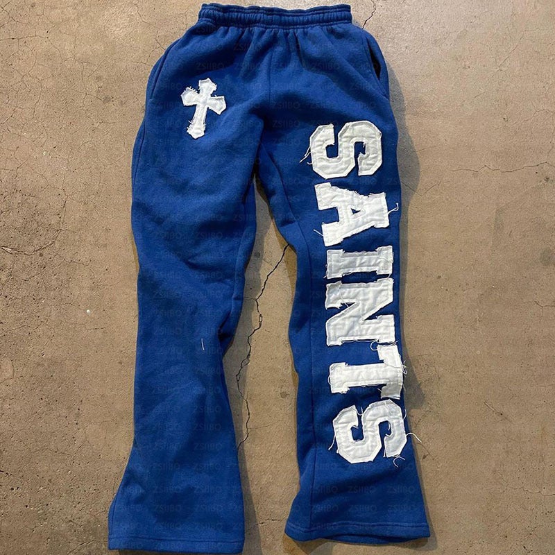 2024Y2K New European and American Fashion High Street Fashion Hip Hop Style Zipper Jacket Letter Pic Loose Sweatshirt Blue Trousers