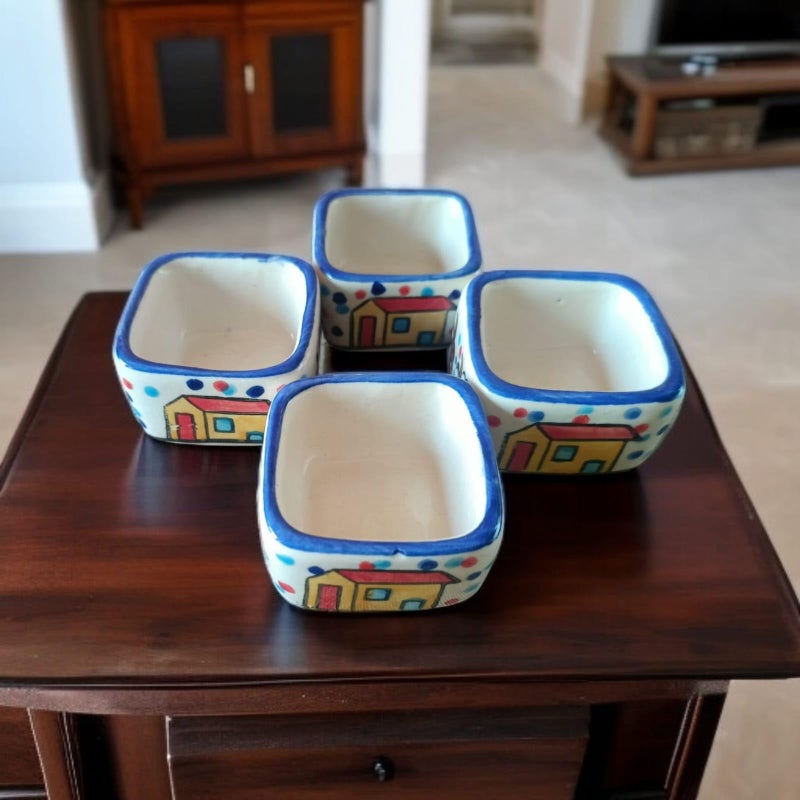 MALAIKAH Ceramic Hut Printed Square Shape Bowl Chutney Bowls for Serving Dip Bowls (Set of 4, 80 ML, Multicolored, Dishwasher Safe) | Hand Painted Bowls for Kitchen Dining Table Bowl Set - Image 2