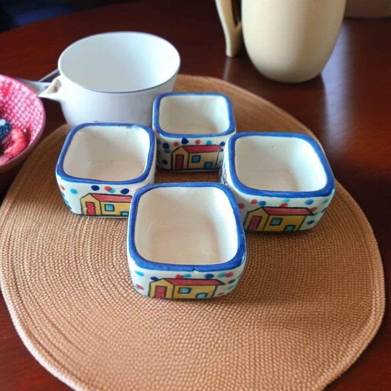 MALAIKAH Ceramic Hut Printed Square Shape Bowl Chutney Bowls for Serving Dip Bowls (Set of 4, 80 ML, Multicolored, Dishwasher Safe) | Hand Painted Bowls for Kitchen Dining Table Bowl Set - Image 3