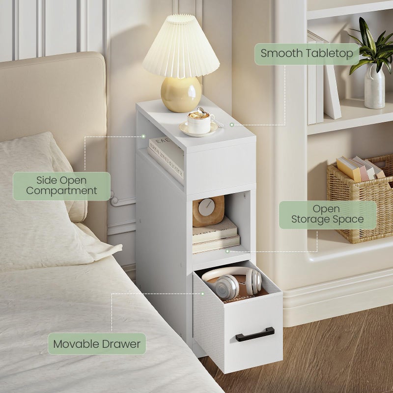 CHOEZON Narrow Side Table, 7.9" Small Nightstand with Drawer, Skinny Bedside Table, for Small Spaces, Flexible Open Compartment, for Bedroom, Living Room, White MBZ11WB - Image 4