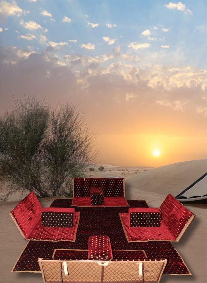 كادي ون مجموعة جلوس أرضية تراثية مكونة من 9 قطع مناسبة للسفر والرحلات البرية والحديقة , طقم فرشة تخييم ارضية مع اربع مراكى و 4 كراسي وبساط من القماش عالي الجودة يكفي ل 8 أشخاص - Image 5