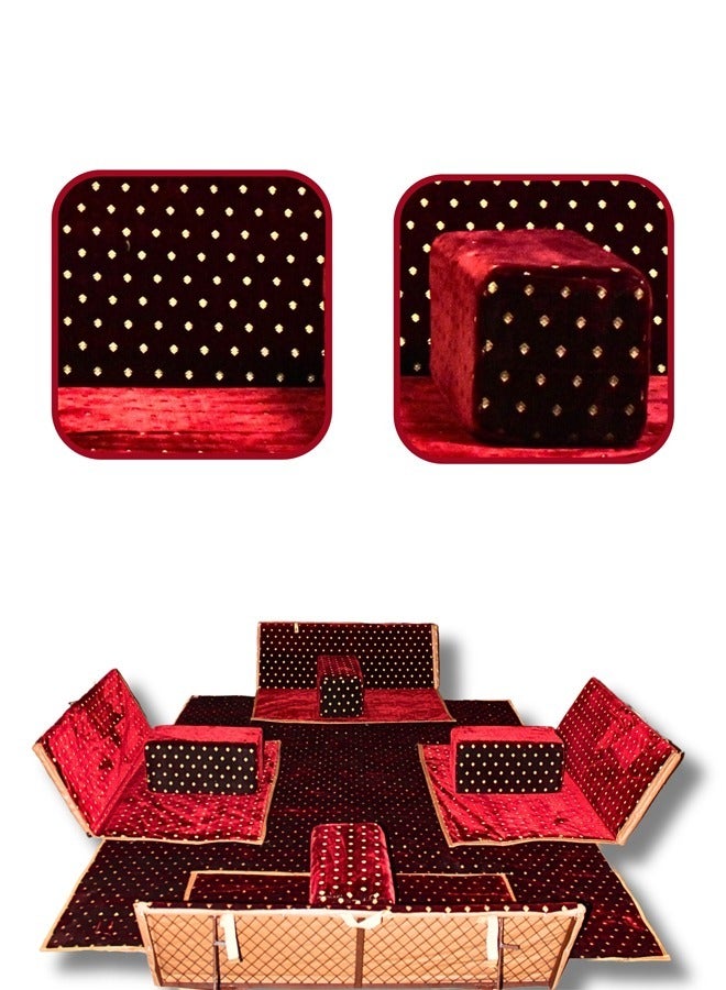 كادي ون مجموعة جلوس أرضية تراثية مكونة من 9 قطع مناسبة للسفر والرحلات البرية والحديقة , طقم فرشة تخييم ارضية مع اربع مراكى و 4 كراسي وبساط من القماش عالي الجودة يكفي ل 8 أشخاص - Image 1