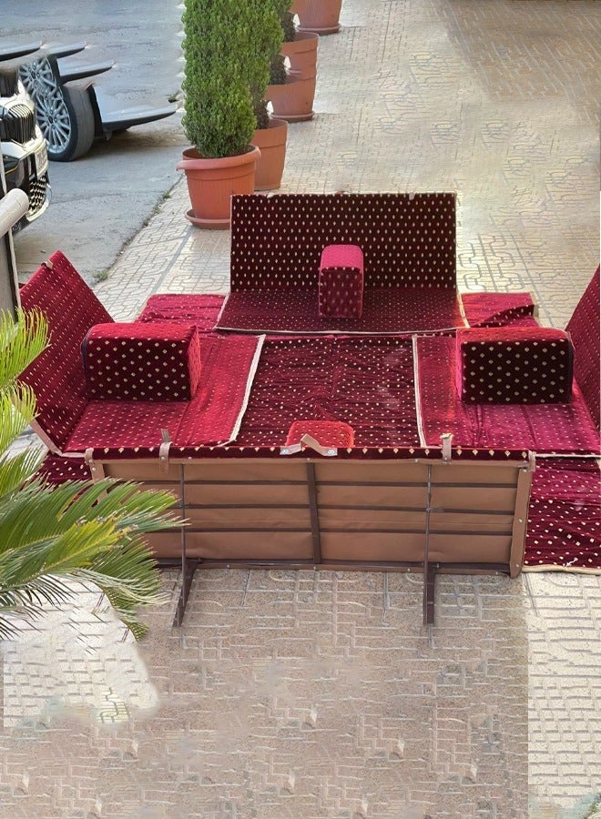 كادي ون مجموعة جلوس أرضية تراثية مكونة من 9 قطع مناسبة للسفر والرحلات البرية والحديقة , طقم فرشة تخييم ارضية مع اربع مراكى و 4 كراسي وبساط من القماش عالي الجودة يكفي ل 8 أشخاص - Image 3