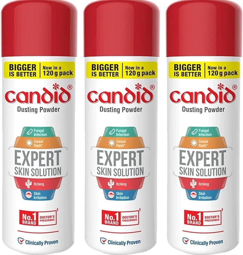 Candid Dusting Powder | Expert Skin Solution |Doctor's Prescribed No.1 Brand | Prevents Sweat Rash, Itching, Fungal Infection & Skin Irritation | Anti-fungal Powder | Clotrimazole | 120g | Pack of 3 - Image 1
