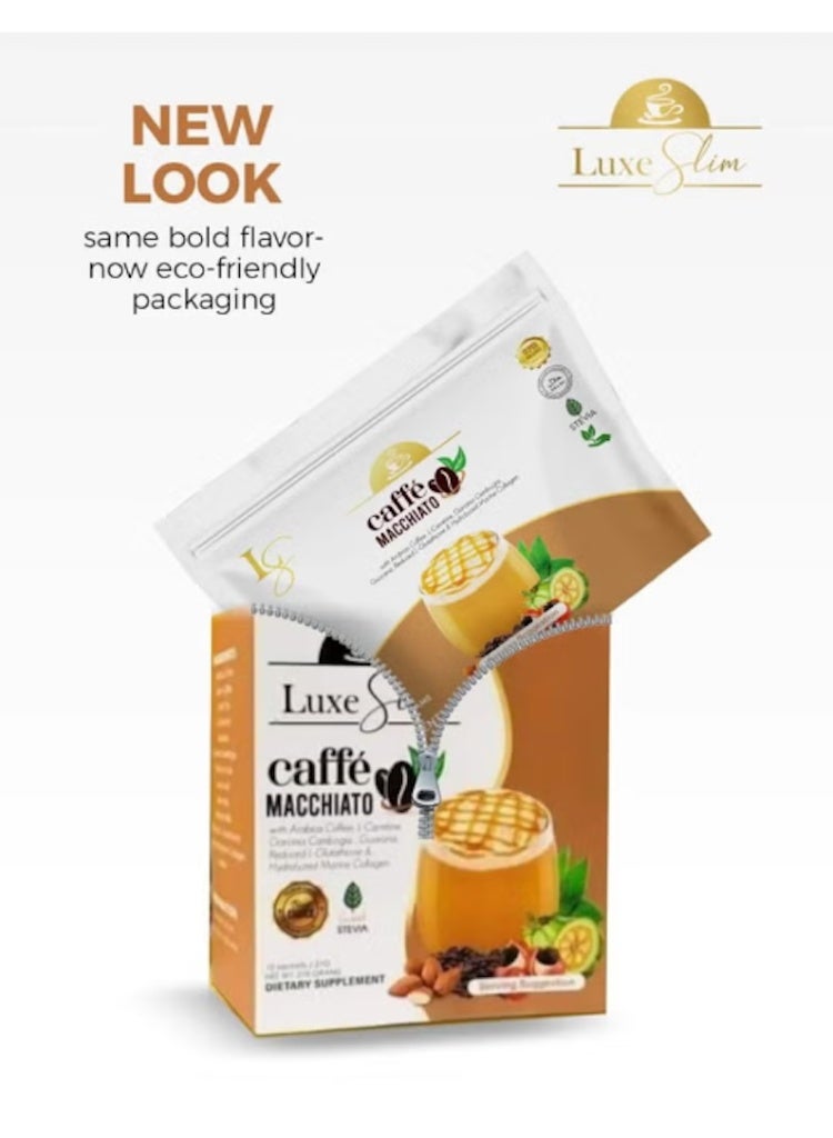 LUXE ORGANIX قهوة ماكياتو كافيه سليم الفاخرة 10 أكياس | قهوة سليم منخفضة السعرات الحرارية مع الكولاجين والجلوتاثيون | مثبط للشهية ومضاد للأكسدة | 21 جرام لكل كيس - Image 1