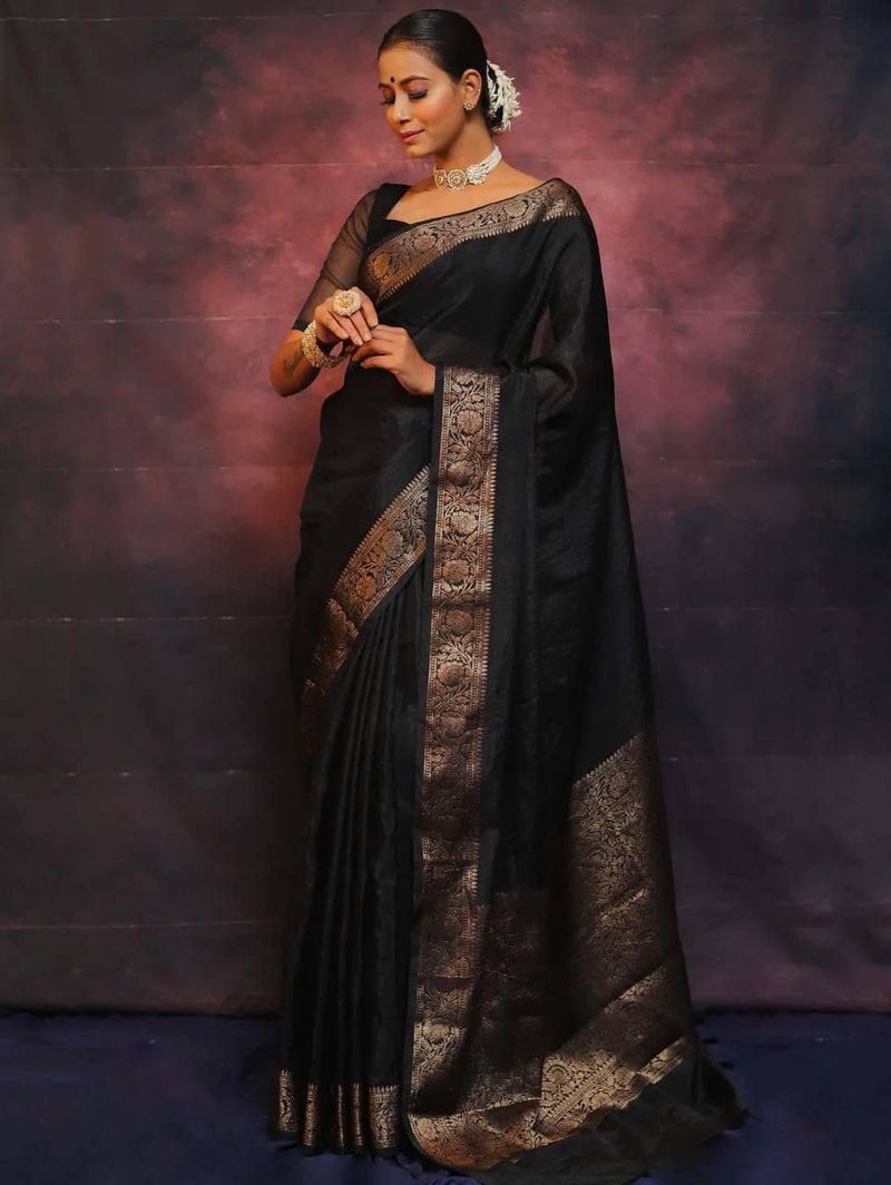 Vivatra Women Banarasi Soft Silk Saree | Jacquard Weaving with Rich Pallu & Border | Includ Matching Utitched Blouse Piece (VT-KP-6009-Black) - Image 2