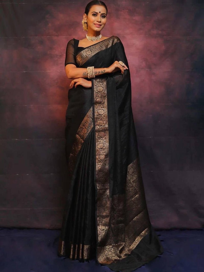 Vivatra Women Banarasi Soft Silk Saree | Jacquard Weaving with Rich Pallu & Border | Includ Matching Utitched Blouse Piece (VT-KP-6009-Black) - Image 3