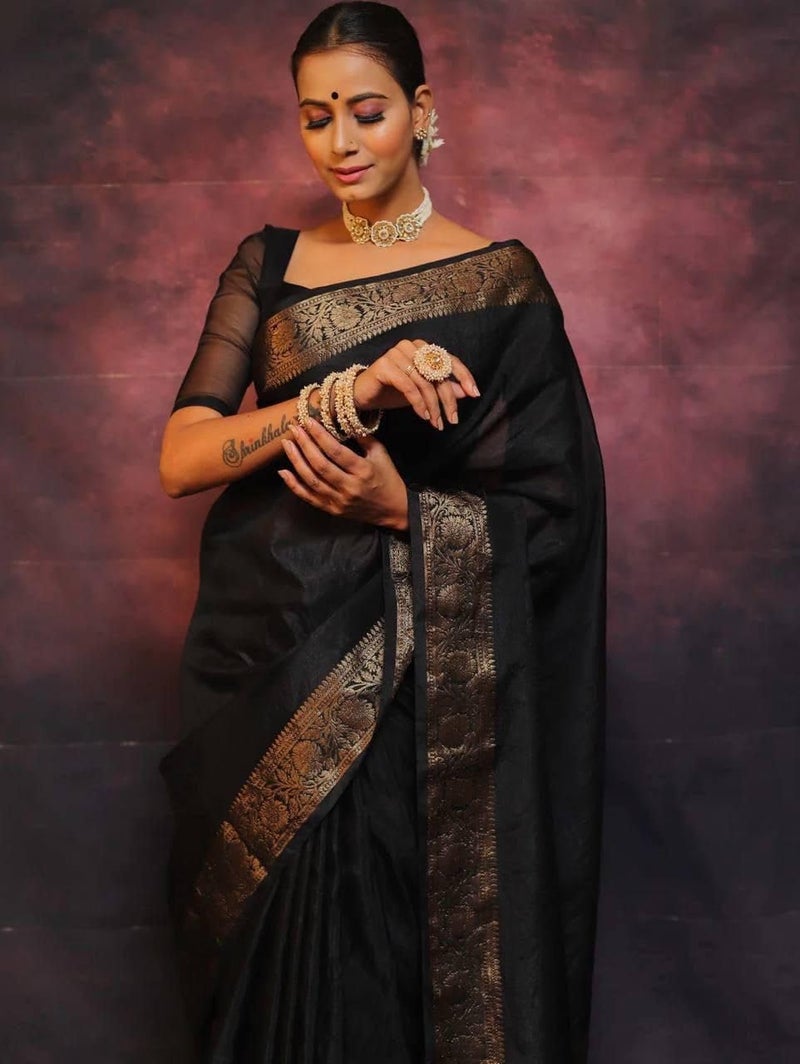 Vivatra Women Banarasi Soft Silk Saree | Jacquard Weaving with Rich Pallu & Border | Includ Matching Utitched Blouse Piece (VT-KP-6009-Black) - Image 4