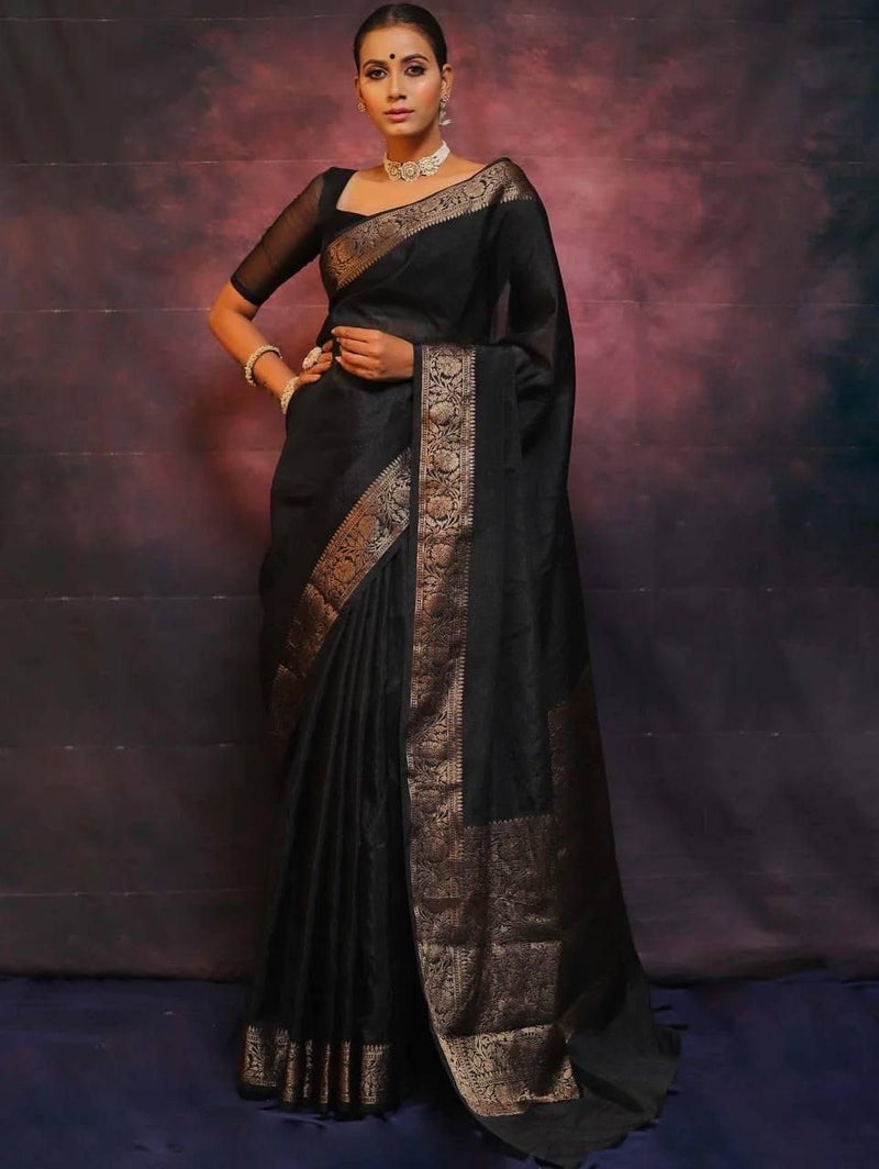 Vivatra Women Banarasi Soft Silk Saree | Jacquard Weaving with Rich Pallu & Border | Includ Matching Utitched Blouse Piece (VT-KP-6009-Black) - Image 5
