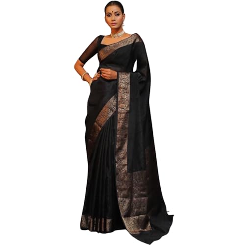 Vivatra Women Banarasi Soft Silk Saree | Jacquard Weaving with Rich Pallu & Border | Includ Matching Utitched Blouse Piece (VT-KP-6009-Black) - Image 1