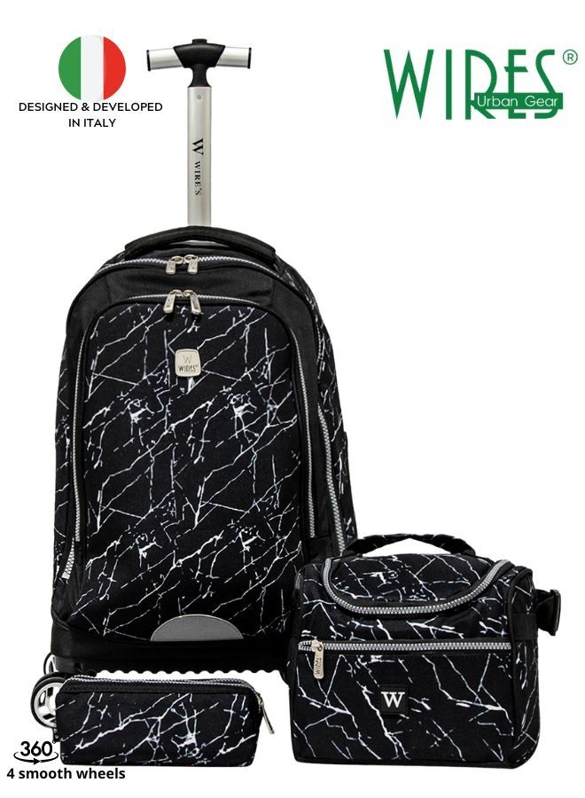 Wires Wires 3-Pieces Set 4-Wheels Trolley Kids School Backpack with Lunch Bag+ Pencil Case (Dimensions: 32x48x21cm)-Black Lightning - Image 1