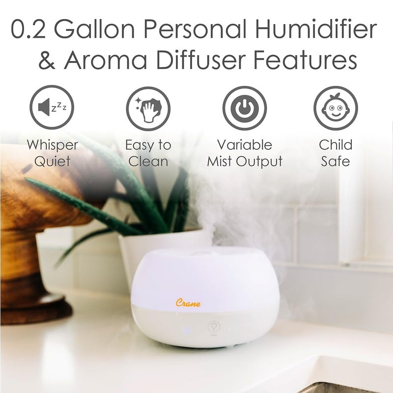 Crane Portable Ultrasonic Travel Humidifier & Aroma Diffuser â€“ 0.2 Gallon Cool Mist, No Filter Required, Optional Essential Oil Tray, Whisper-Quiet for Babies, Travel, & Small Rooms (White) - Image 2
