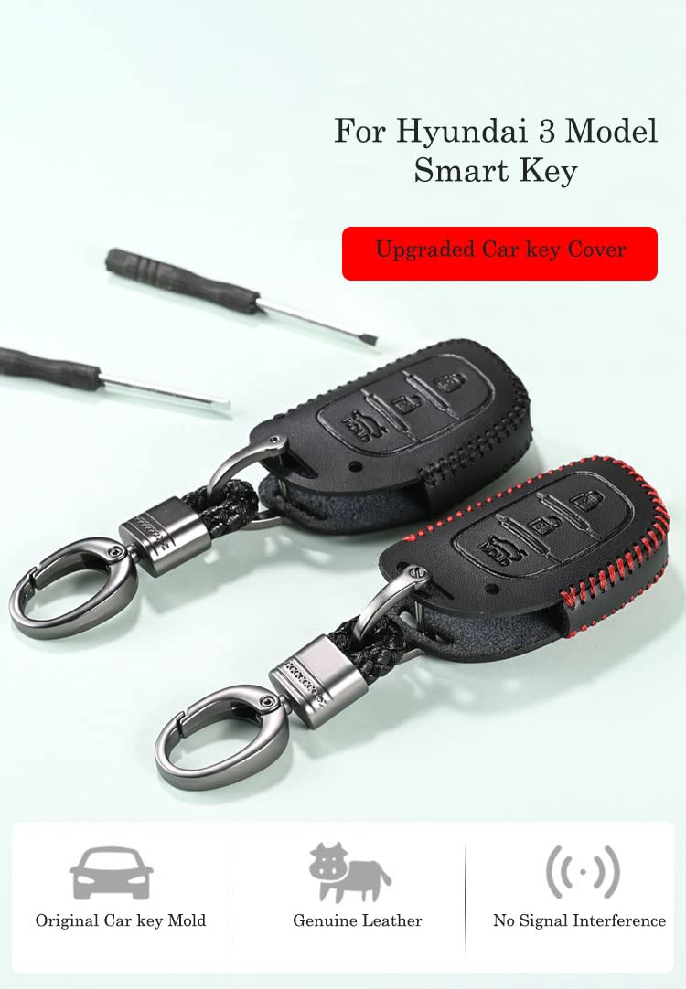 Contacts Soft Leather Car Key Cover Compatible With Hyundai 3 Button Smart Key With Key Chain For Creta, I10 Grand, I20 Elite, I20 Active, Xcent, Verna Tucson Elantra Grand I10 Nios, Black - Image 2
