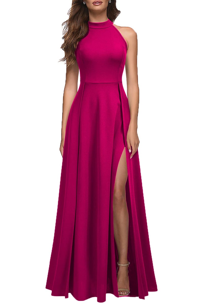 MUSHARE Women's Halter Neck Sexy Split Cocktail Party Maxi Long Formal Dress Magenta - Image 1