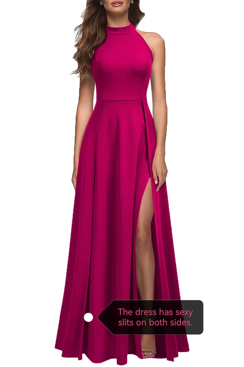 MUSHARE Women's Halter Neck Sexy Split Cocktail Party Maxi Long Formal Dress Magenta - Image 4