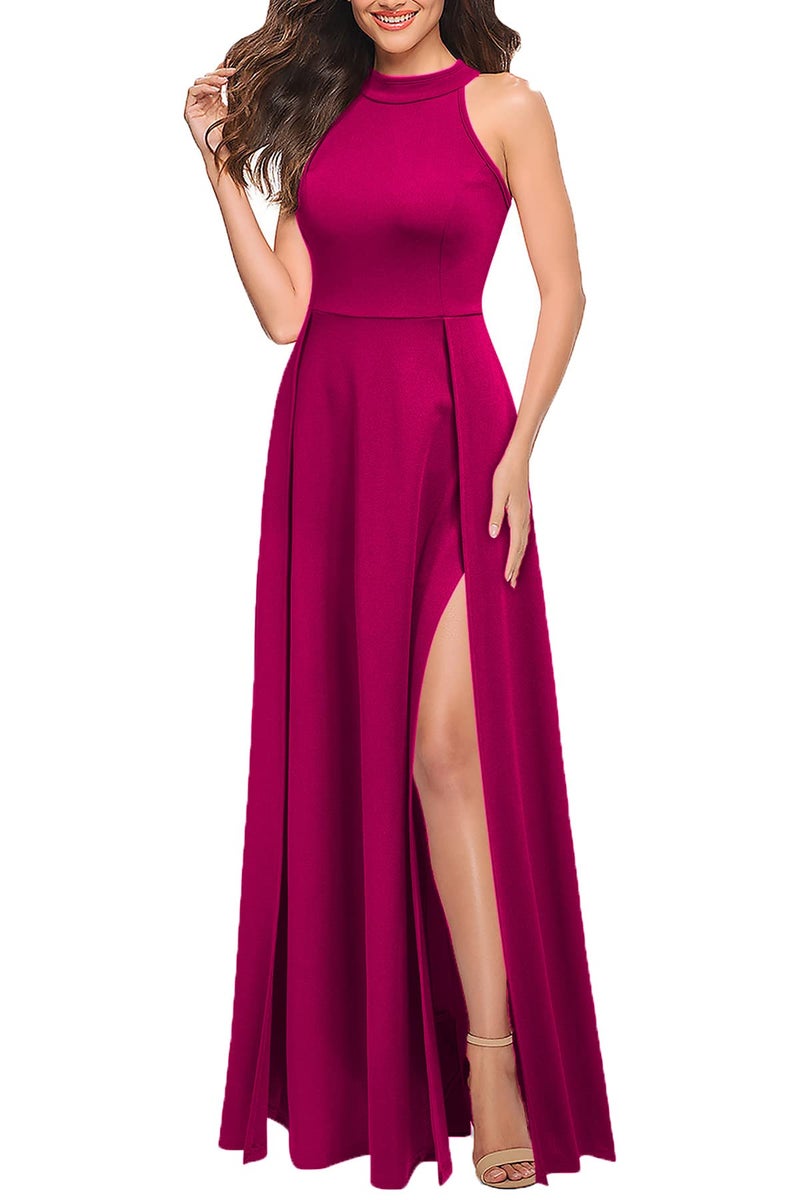 MUSHARE Women's Halter Neck Sexy Split Cocktail Party Maxi Long Formal Dress Magenta - Image 3