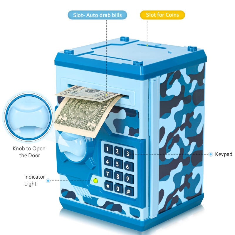 Vcertcpl ATM Piggy Bank for Boys Girls, Vcertcpl Mini ATM Coin Bank Money Saving Box with Password, Kids Safe Money Jar for Adults with Auto Grab Bill Slot, Great Gift Toy Bank for Kids(Camouflage Blue) - Image 3