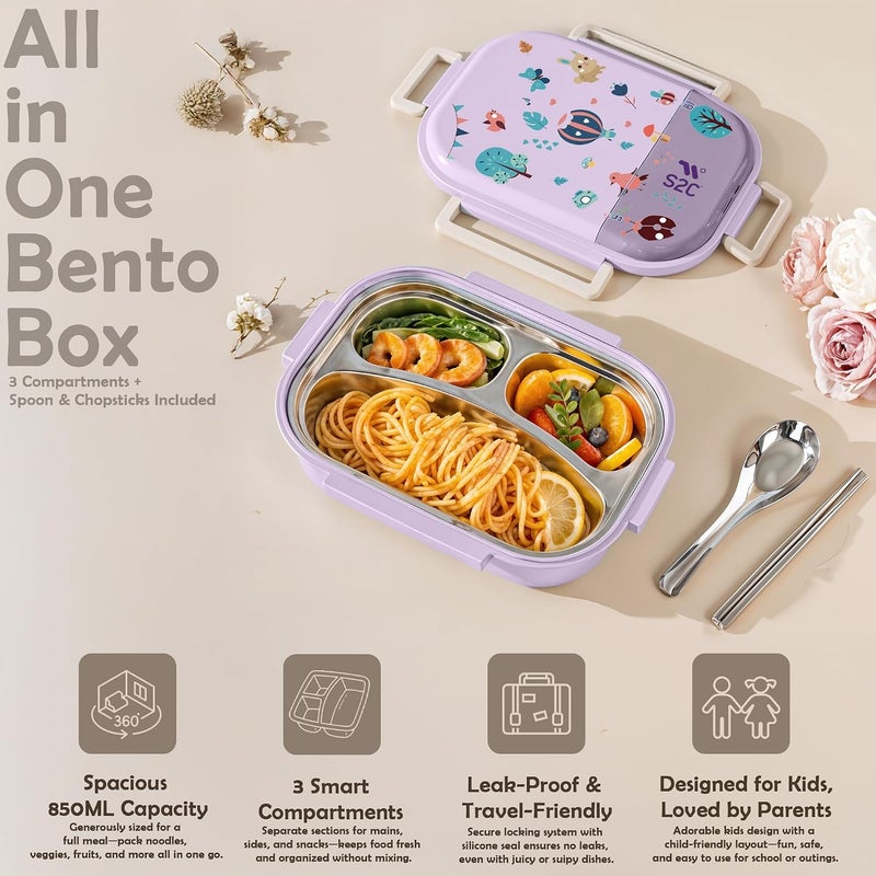 S2C Stainless Steel Kids Lunch Box | Bento-Style Tiffin with Leak-Proof Lid & Insulated Bag | Cute Designs for School & Travel | Large 1600ML Capacity (PURPLE BUG, 3 COMPARTMENT) - Image 5