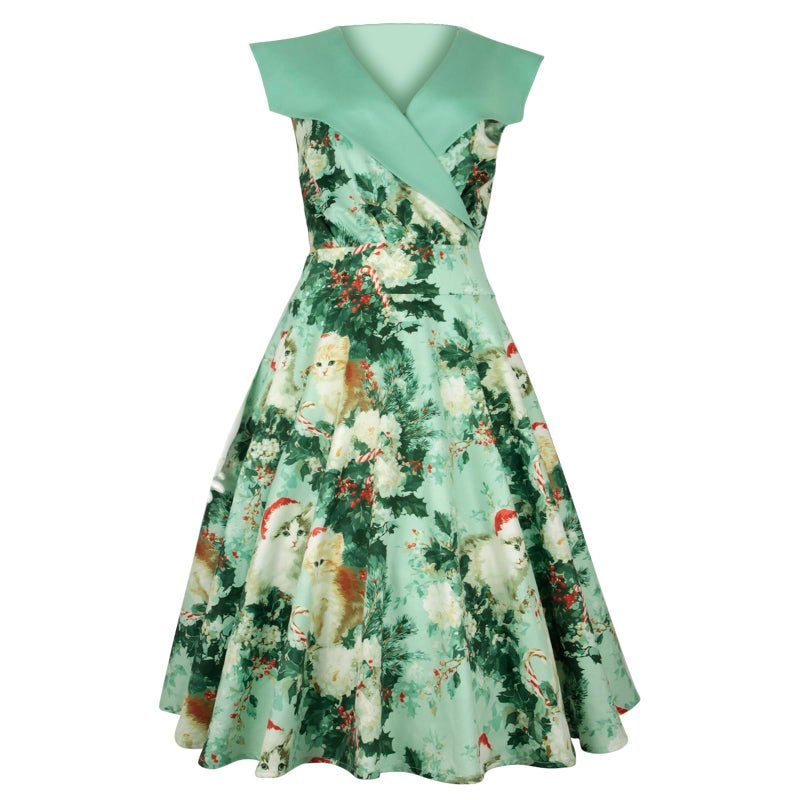 HIGAKI Women's 1950s Dress Tea Party V-Neck Sleeveless Dress(DR0065GN,XL) - Image 3
