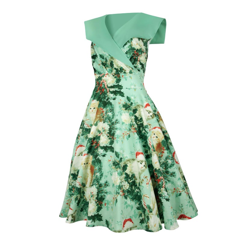 HIGAKI Women's 1950s Dress Tea Party V-Neck Sleeveless Dress(DR0065GN,XL) - Image 4