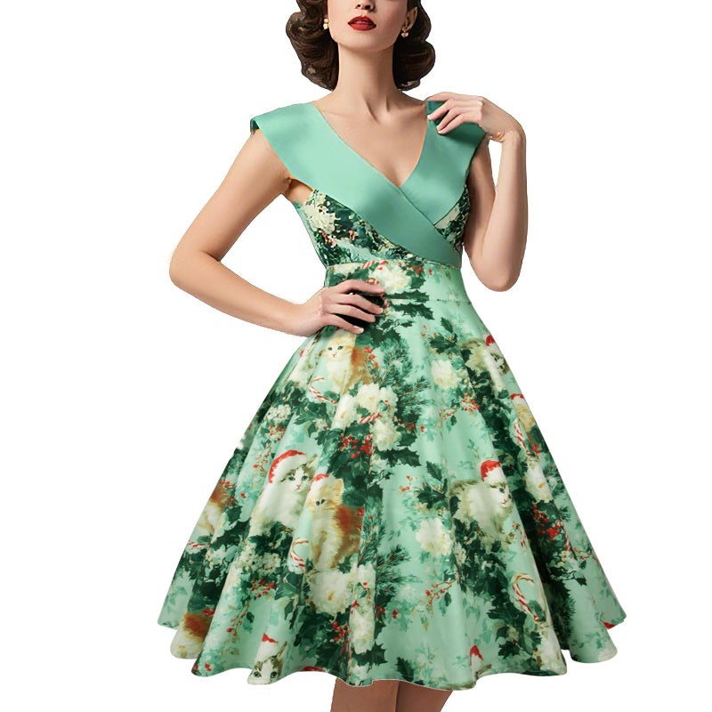 HIGAKI Women's 1950s Dress Tea Party V-Neck Sleeveless Dress(DR0065GN,XL) - Image 1