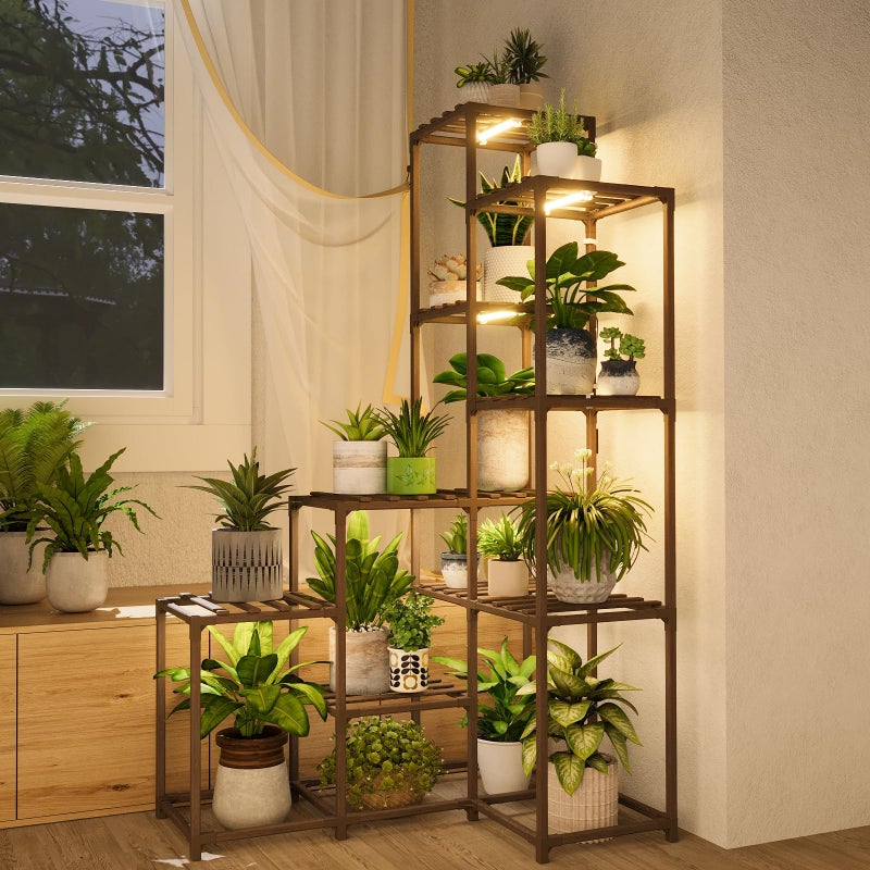Bamworld Corner Plant Stand With Grow Lights - Tall Shelf Indoor Outdoor for Multiple Plants - Wood Table 7 Pots Flower Stands for Living Room Rack - Image 1