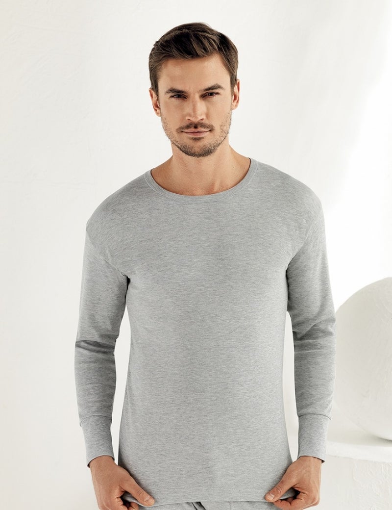Şahinler Men's Gray Long Sleeve Crew Neck Interlock Underwear ME016  - Image 1
