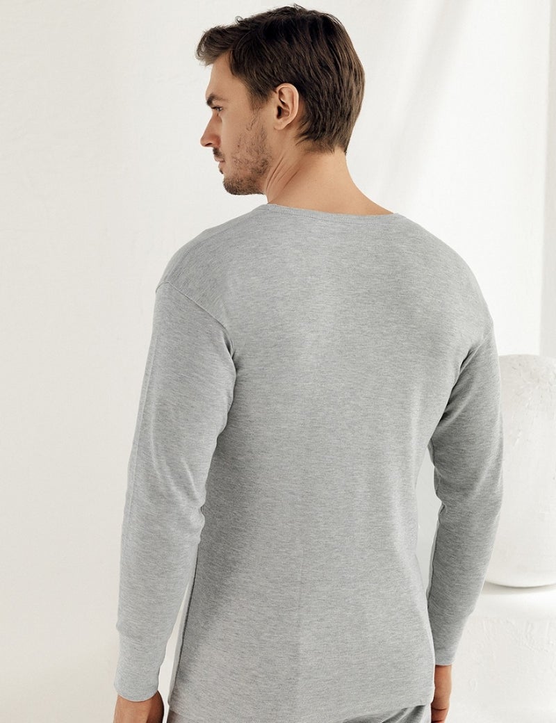 Şahinler Men's Gray Long Sleeve Crew Neck Interlock Underwear ME016  - Image 2