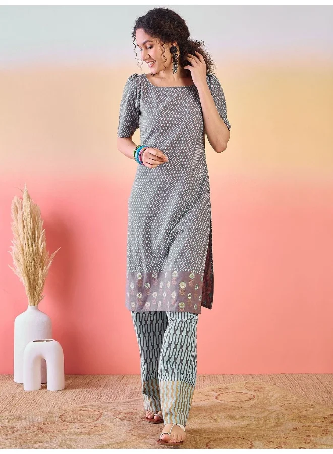AKS  Grey And Blue Cotton Kurta Set for Women | Best Price UAE