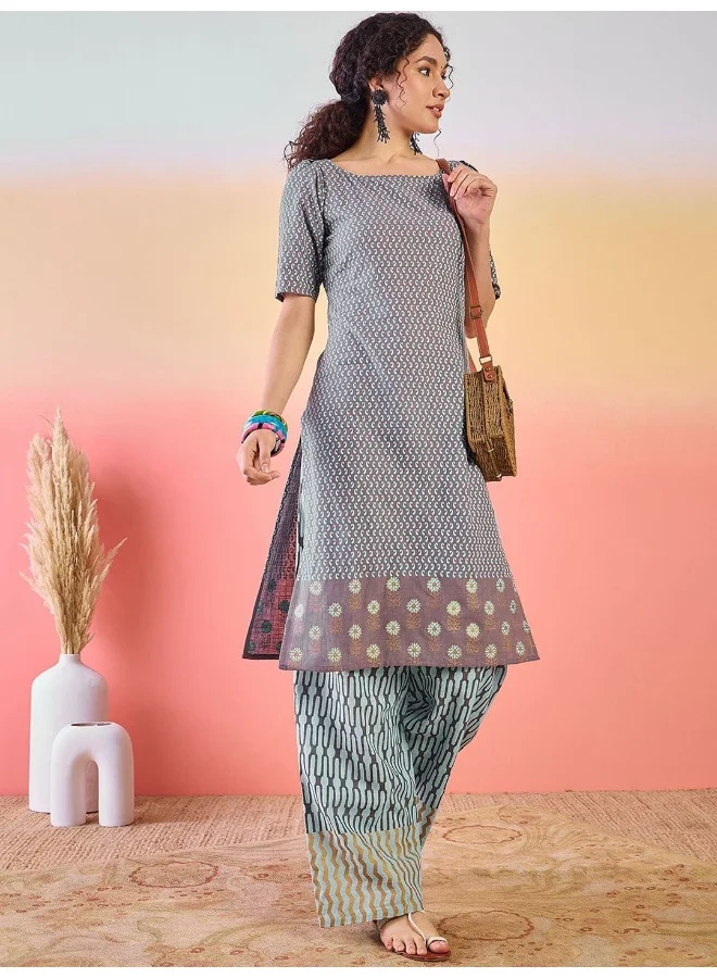 AKS Grey And Blue Cotton Kurta Set