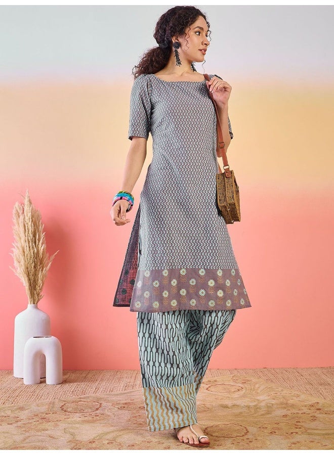 AKS Grey And Blue Cotton Kurta Set - Image 1