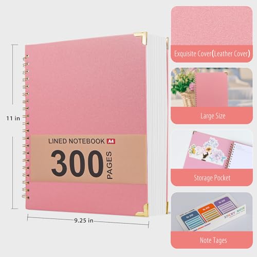 Kutoda Lined Spiral Notebooks for Work, 300 Pages Leather 8.5 * 11 College Ruled journals for Writing, Hardcover Notebooks for Note Taking, Perfect for Office Home School Supplies(Pink) - Image 5