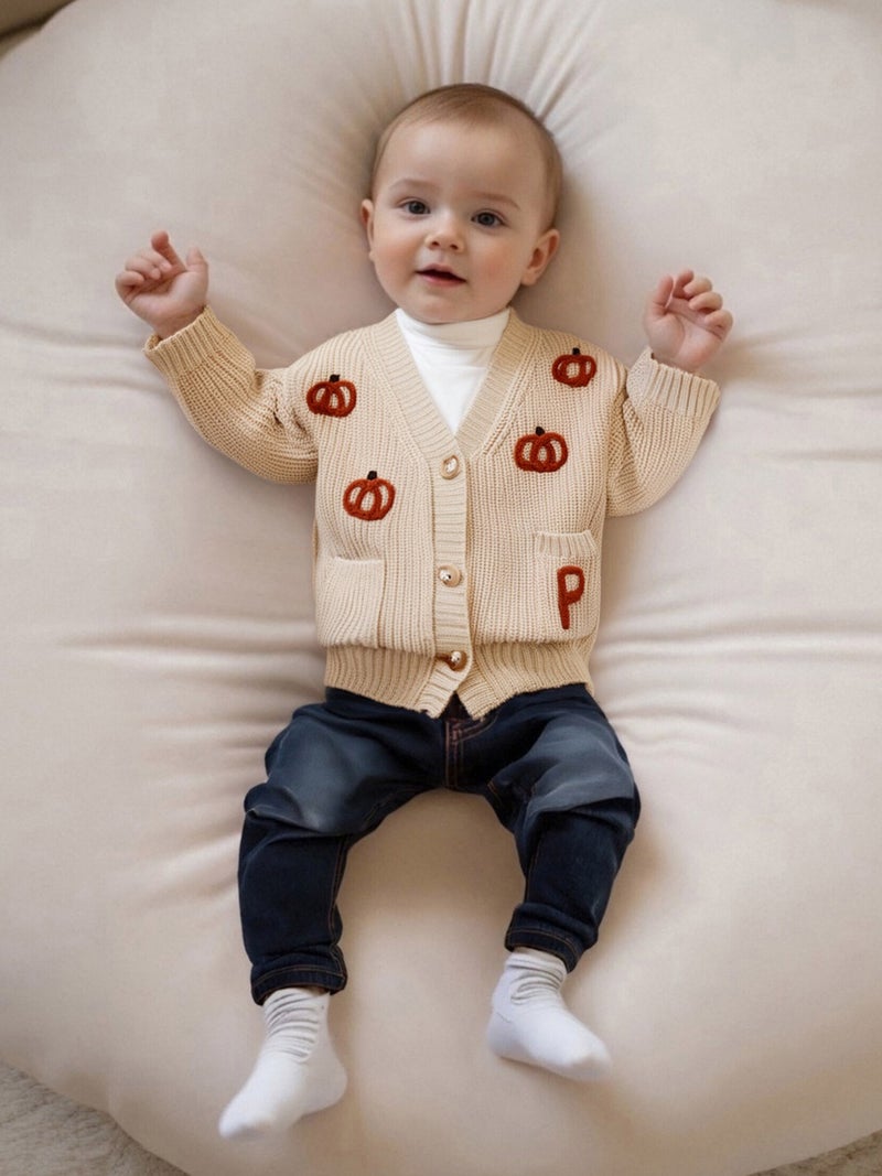 Toddler Baby Girl Halloween Cardigan Sweater Pumpkin Embroidery Ribbed Button Down V Neck Long Sleeve Knitted Tops for Fall - Image 4