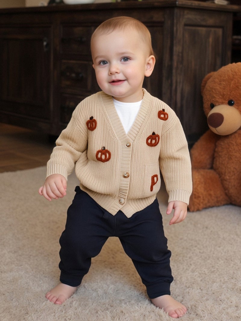 Toddler Baby Girl Halloween Cardigan Sweater Pumpkin Embroidery Ribbed Button Down V Neck Long Sleeve Knitted Tops for Fall - Image 2
