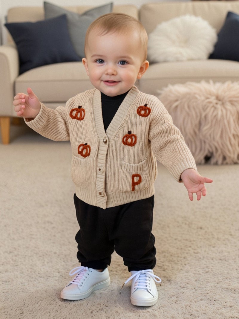 Toddler Baby Girl Halloween Cardigan Sweater Pumpkin Embroidery Ribbed Button Down V Neck Long Sleeve Knitted Tops for Fall - Image 5