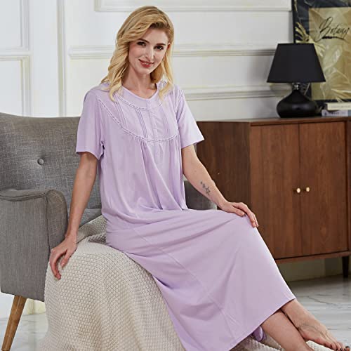 Keyocean Women’s Nightgown, Soft Cotton Lightweight Comfy Lace Trim Short Sleeve Ladies Sleepwear Gown, Light Purple, X-Large (XL) - Image 4