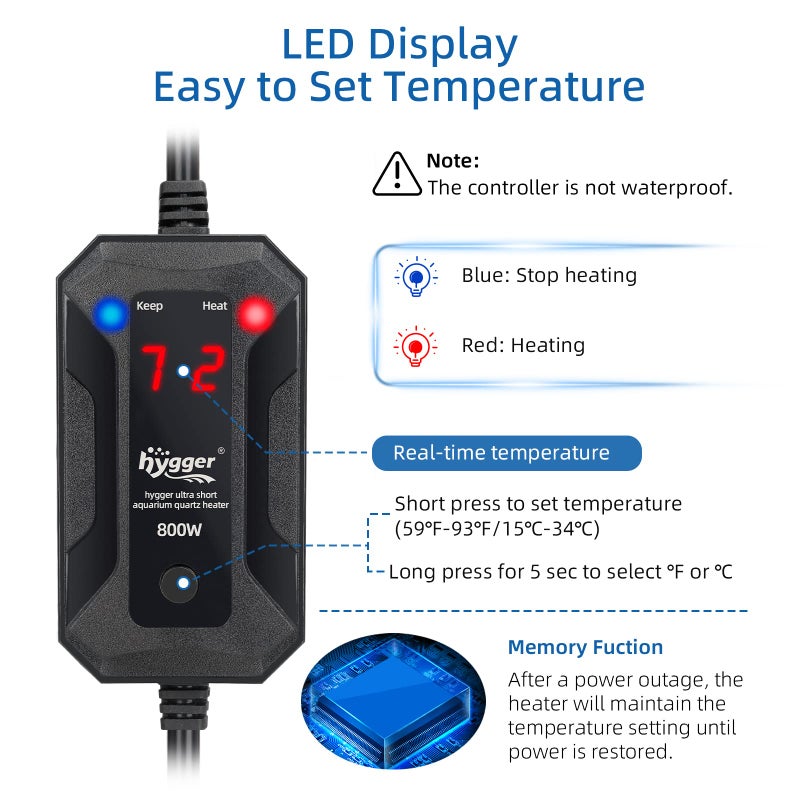 hygger 100W Aquarium Heater, Quartz Fish Tank Heater with LED Digital Display Thermostat Controller for 5-26 Gallon Freshwater Saltwater Tank - Image 3