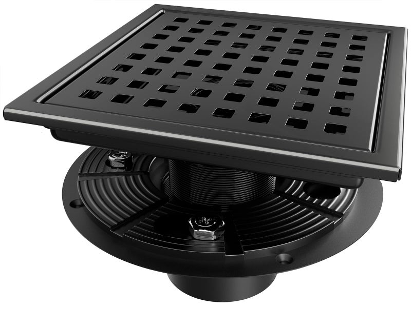 Elefloom Square Shower Drain Black Shower Drain 6 inch with Flange and Removeable Grate Cover AISI 304 Stainless Steel Matte Black Shower Floor Drain with Hair Catcher and Flange