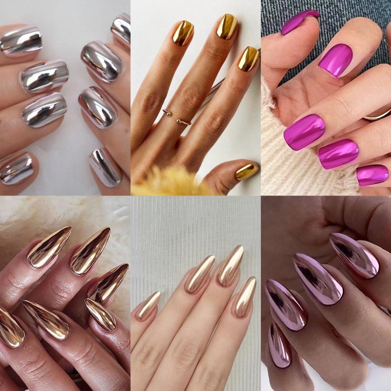 CTTHNBD 6 Packs (144 Pcs) Press on Nails - Short Press on Nails Square, Medium Almond, Chrome Fake Nails Kits for Women 12 Sizes - 6 Colors - Image 1