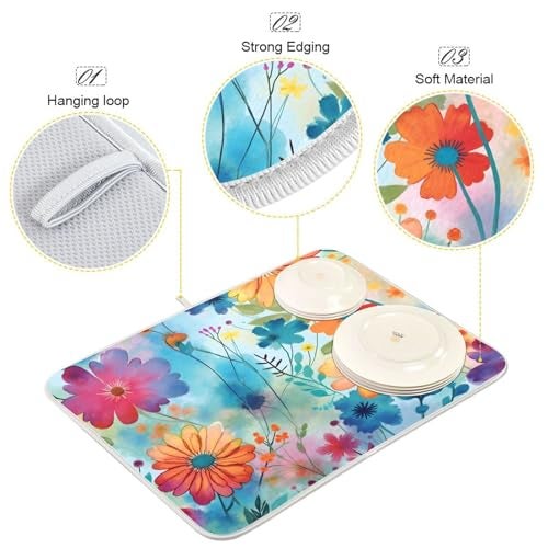 BOENLE Colorful Beautiful Flowers Dish Drying Mat for Kitchen Counter Absorbent Microfiber Drying Pad, Medium 16x18 in, Reversible Drainer Mats - Image 4