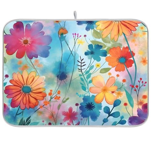 BOENLE Colorful Beautiful Flowers Dish Drying Mat for Kitchen Counter Absorbent Microfiber Drying Pad, Medium 16x18 in, Reversible Drainer Mats - Image 1