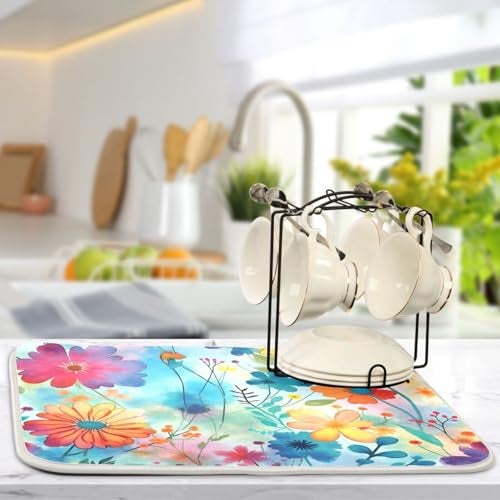 BOENLE Colorful Beautiful Flowers Dish Drying Mat for Kitchen Counter Absorbent Microfiber Drying Pad, Medium 16x18 in, Reversible Drainer Mats - Image 5