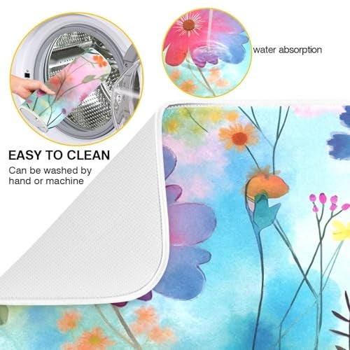 BOENLE Colorful Beautiful Flowers Dish Drying Mat for Kitchen Counter Absorbent Microfiber Drying Pad, Medium 16x18 in, Reversible Drainer Mats - Image 2