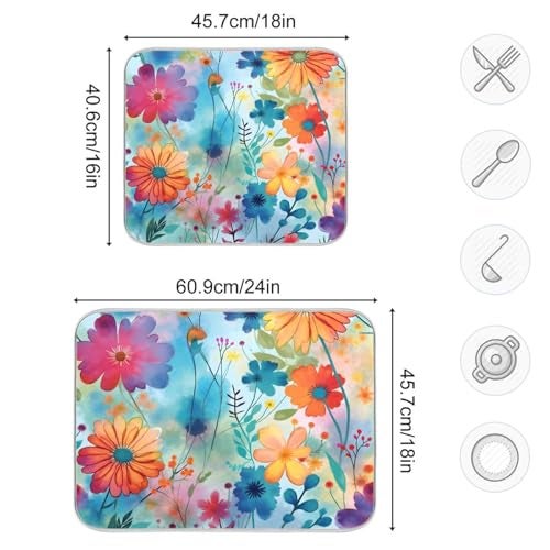 BOENLE Colorful Beautiful Flowers Dish Drying Mat for Kitchen Counter Absorbent Microfiber Drying Pad, Medium 16x18 in, Reversible Drainer Mats - Image 3